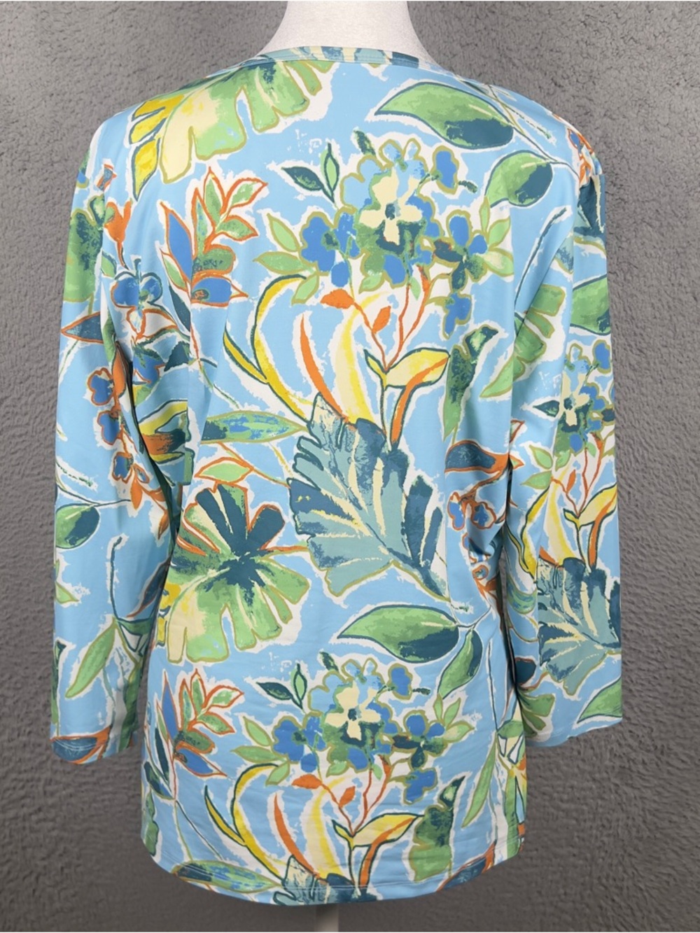 J McLaughlin Top Womens XL Blue Tropical Leaves 3/4 Sleeve Catalina Cloth Casual - Picture 3 of 8